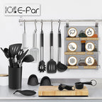 Silicone Kitchen Utensils Set, E-far 30-Piece Cooking Utensils Set with Holder, Heat Resistant Kitchen Spatulas Turner Tong Spoon Whisk Ladle for Nonstick Cookware, Stainless Steel Handle (Black)