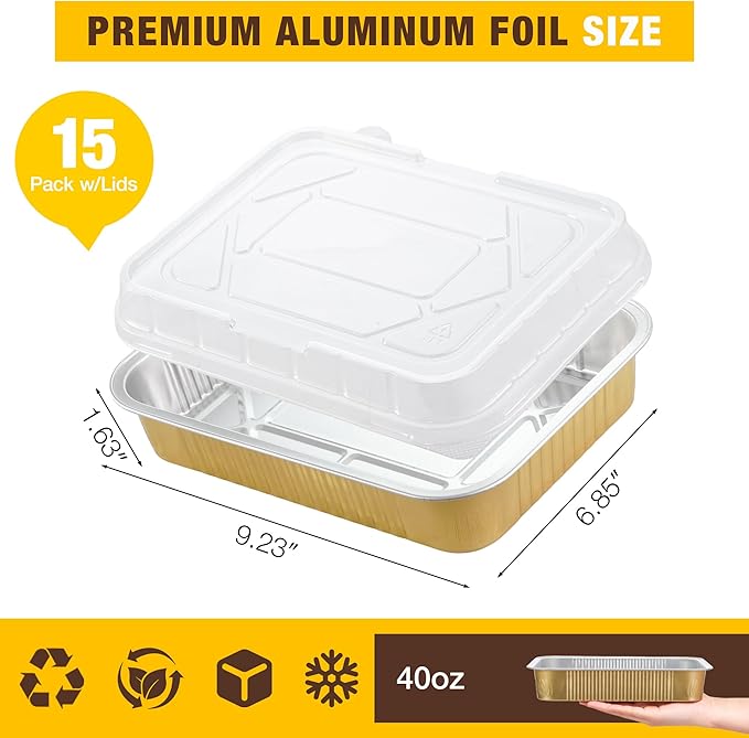 Aluminum Foil Pans with Lids,Heavy Duty Aluminum Pan, Disposable Aluminum Pans,Gold Foil Pans, Deep Container for Heating,Baking,Cooking,BBQs,Parties,Storing,Catering (40.5oz 15 Pack w/Lids)