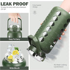 MUKOKO Half Gallon/64 oz Glass Water Bottles with Straw and Lid,Motivational Water Jug with Time Marker Reminder and Silicone Sleeve,100% Leakproof BPA Free Fitness Sports Large Bottle-Olive