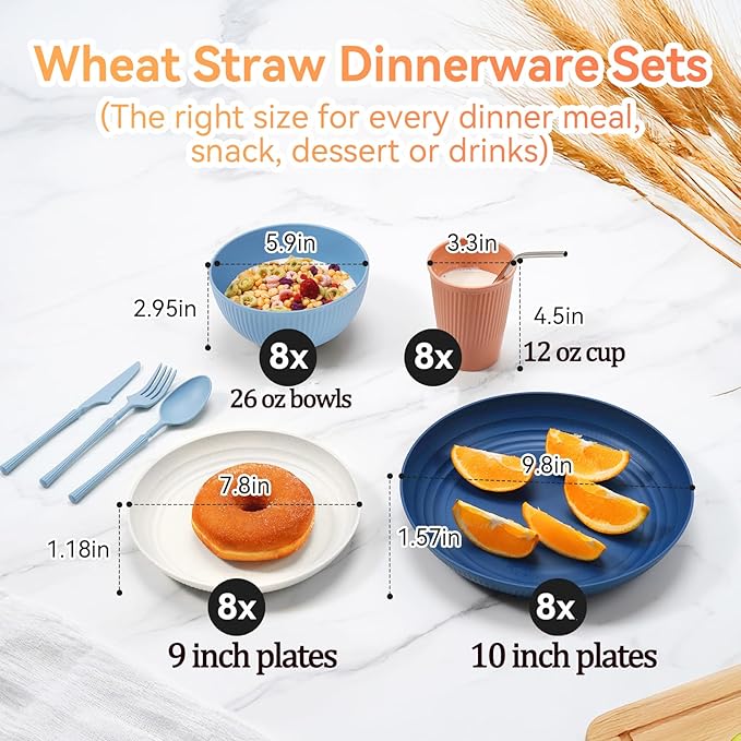 Wheat Straw Dinnerware Sets,64-Piece Plates and Bowls Sets for 8-Unbreakable,Reusable Plastic Dish Set-Dinner Plate/Dessert Plate/Cereal Bowl/Cup/Utensils-Microwavable Dishwasher Safe 64P-Gray