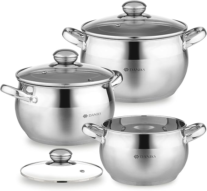 Daniks Classic 6-Piece Stainless Steel Cookware Set with Glass Lids, Tri-Ply Bases for Even Heating, Induction Compatible, Dishwasher Safe