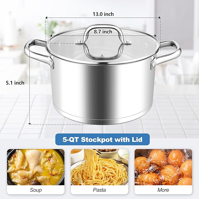 Homikit 5 Quart Stock Pot, Stainless Steel Soup Cooking Pot with Lid for Pasta Sauce Simmering Steaming Stewing, Tri-ply Heavy Bottom Induction Pot, Dishwasher Safe
