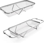 Extendable Dish Rack with Feet, Vegetable Colander Basket, Stainless Steel Dish or Silverware Drying Rack, Ultimate Kitchen Organizer over the Sink (12.40 x 5.12 x 2.36 Inches)