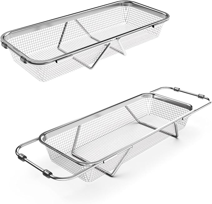 Extendable Dish Rack with Feet, Vegetable Colander Basket, Stainless Steel Dish or Silverware Drying Rack, Ultimate Kitchen Organizer over the Sink (12.40 x 5.12 x 2.36 Inches)
