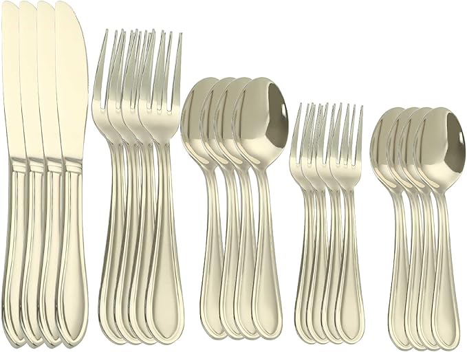 Champagne Silverware Set, 20-Piece Stainless Steel Champagne Flatware, 18/0 Stainless Steel Utensils, Dishwasher Safe, Modern Tableware for Home & Kitchen Dining