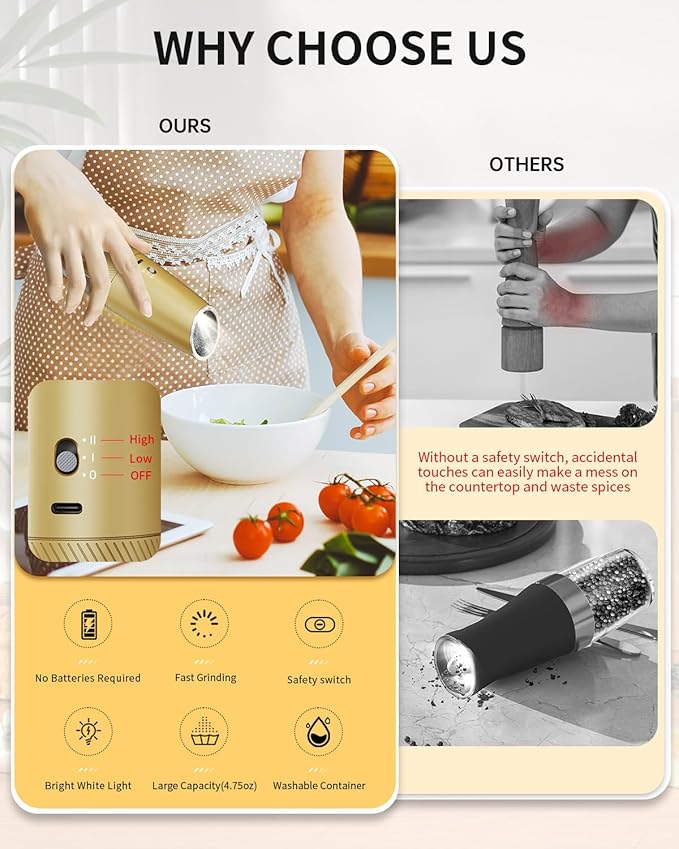CIRCLE JOY 2-Speed Gravity Electric Pepper Grinder, Rechargeable Salt Grinder Pepper Mills, Adjustable Coarseness, White LED Light, 135ML Large Capacity, Gold