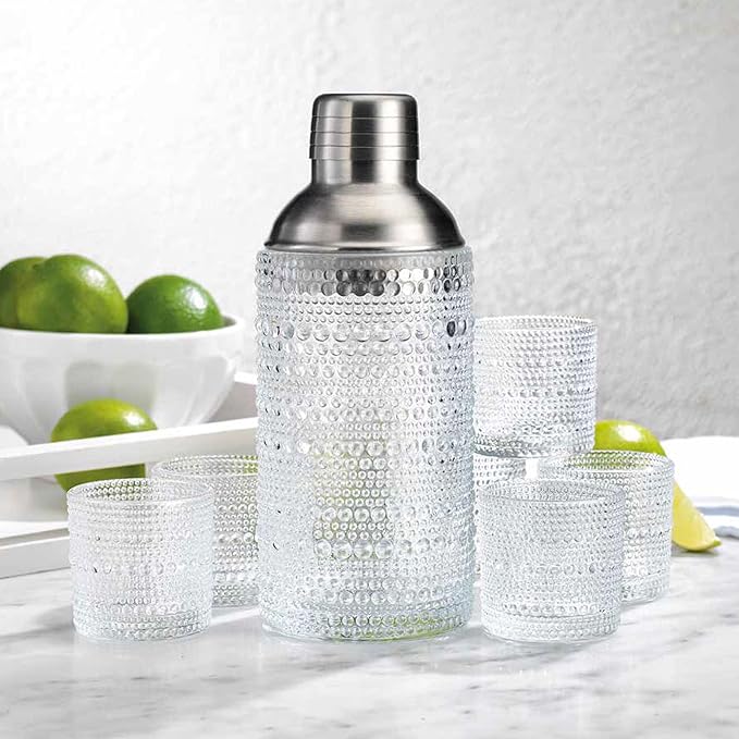 Glaver's Cocktail Shaker Set, Glass 15.2 oz Shaker, 6 Hobnail Shot Glasses, Stainless Steel Strainer Cap,Glass Shaker Set for Bars. Dishwasher Safe