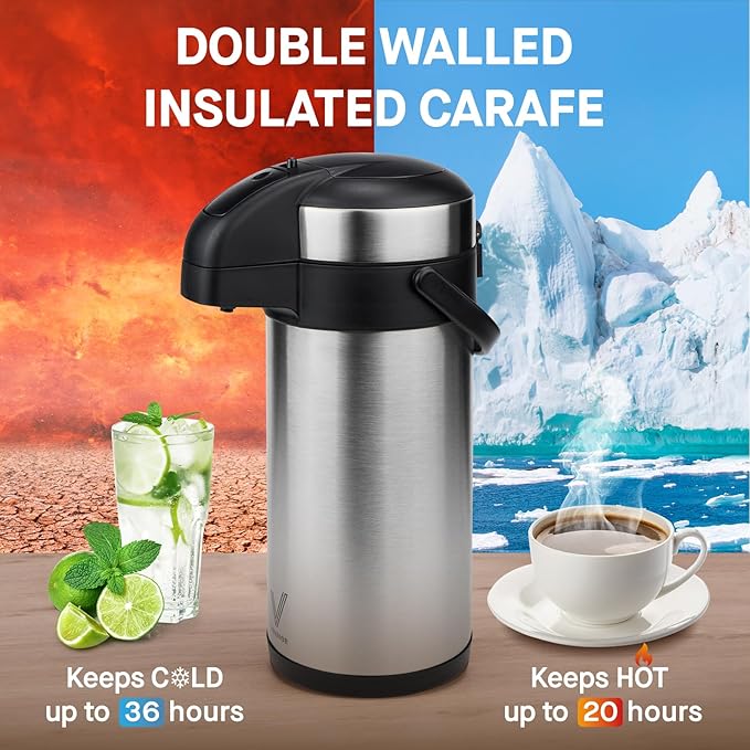 VONDIOR Airpot Coffee Dispenser with Pump - 176 oz Insulated Stainless Steel Coffee Carafe - Thermal Beverage Dispenser - Coffee Urn for Hot/Cold Water, Party Chocolate Drinks