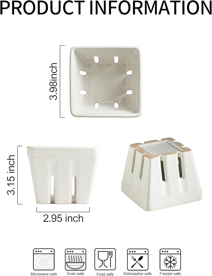 Gomakren Ceramic Berry Basket Set of 2, Square Fruit Bowls with Holes, Rustic Fruit Basket Containers for Kitchen, Berries, Strawberry, Grape, Cherry - Cream White