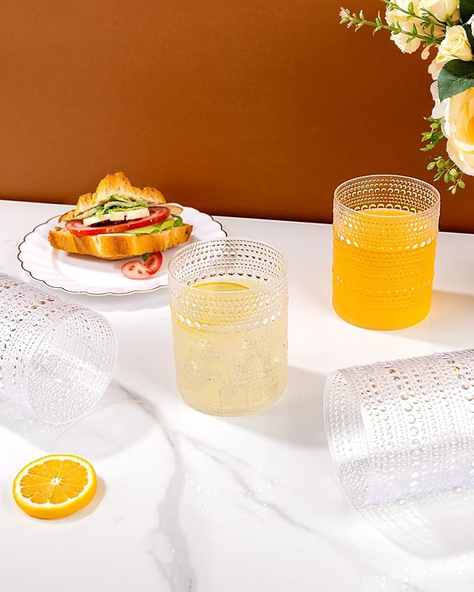 YOUBET 24PCS Plastic Hobnail Drinking Glasses - 14 Oz Clear Vintage Glasses Drinkware - Disposable Beaded Cups for Juice, Wine, Party