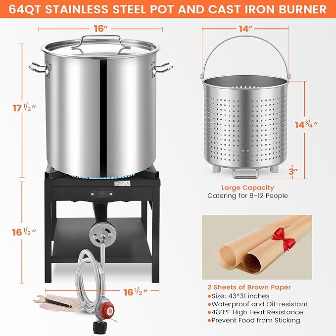 ARC 64QT Stainless Steel Seafood Boiling Turkey Fryer Kit with Strainer and Propane Stove with 200,000BTU, Stainless Steel Crawfish Boil Pot and Burner for Outdoors Cooking and Steaming, Non-Assembly