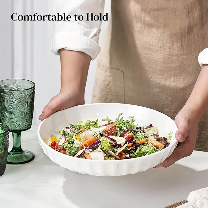 DOWAN Pasta Bowls, 10" Large Salad Serving Bowls 51 OZ White Ceramic Soup Bowls Set of 4 Wide and Shallow Plate Bowl Serving Dish for Soup, Pasta, Noodle, Dinner, Microwave & Dishwasher Safe