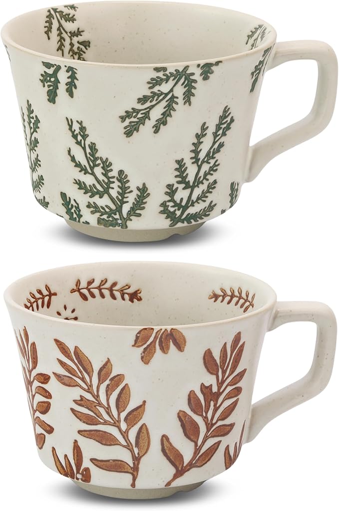 Ceramic Coffee Mug, 12 oz Novelty Unique Teacup with Handle, Stoneware Cup for Tea Mocha Latte Cappuccino Espresso (Set of 2, Ivy and Leaf)