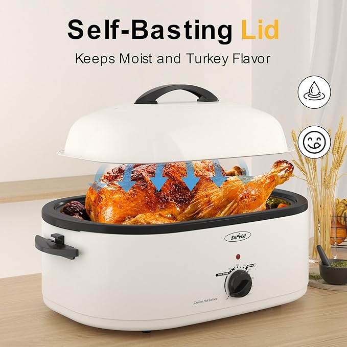 Sunvivi Roaster Oven, Electric Roaster Oven with Self-Basting Lid, 24lb 20-Quart Turkey Roaster with Unique Defrost/Warm Function, Large Roaster with Removable Pan & Rack, Stainless Steel, White