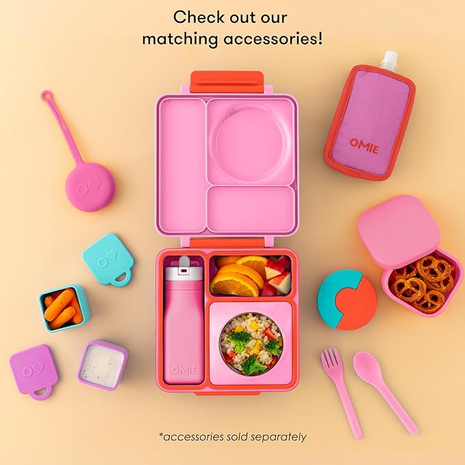 OmieBox Bento Box for Kids - Insulated Bento Lunch Box with Leak Proof Vacuum Insulated Food Jar - 3 Compartments, Two Temperature Zones (Pink Berry)