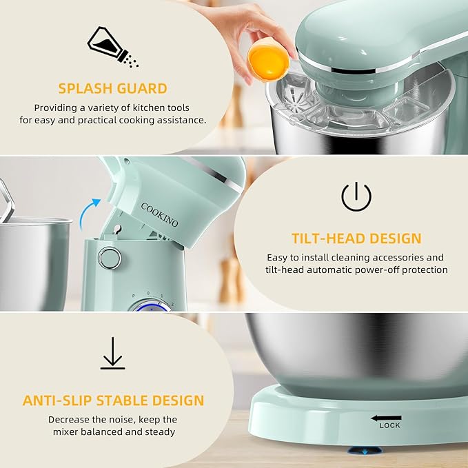 Electric Stand Mixer, 10 Speeds Tilt-Head Food Mixer, 3-IN-1 Kitchen Mixer for Daily Cooks with Dishwasher-Safe 6.5 QT Bowl,Dough Hook, Beater, Whisk (Agave Green)