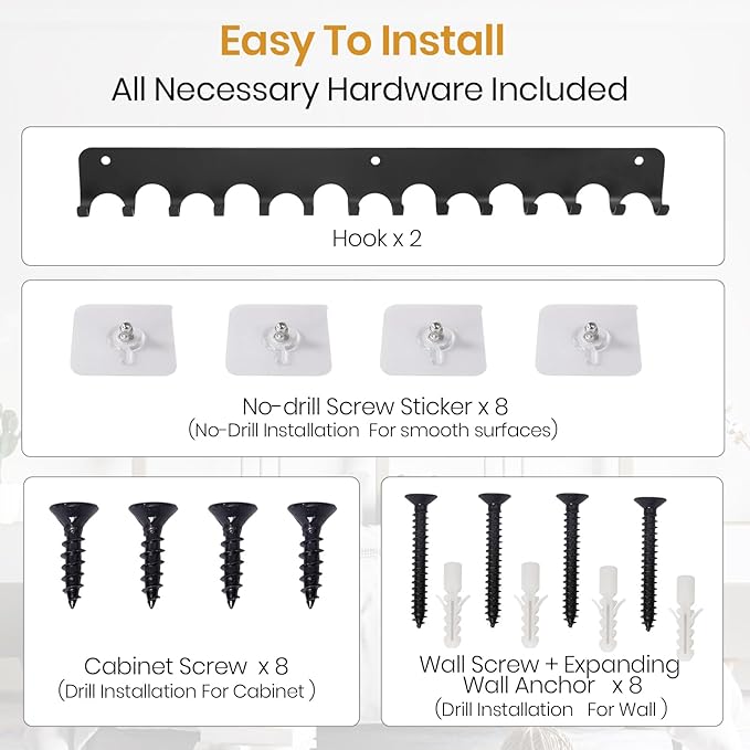 2 Packs 14 Key Hook Holder Wall Mount, No Drill Practical Key Rack, Kitchen Utensil Holder, Coat Hooks Wall Mount Coat Rack Hooks for Living Room, Kitchen, Office, Bathroom, Black