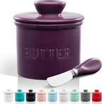 Zulay Kitchen Butter Crock With Lid & Spreader Knife for Countertop - Ceramic French Butter Dish Keeper For Fresh & Spreadable Butter - Purple
