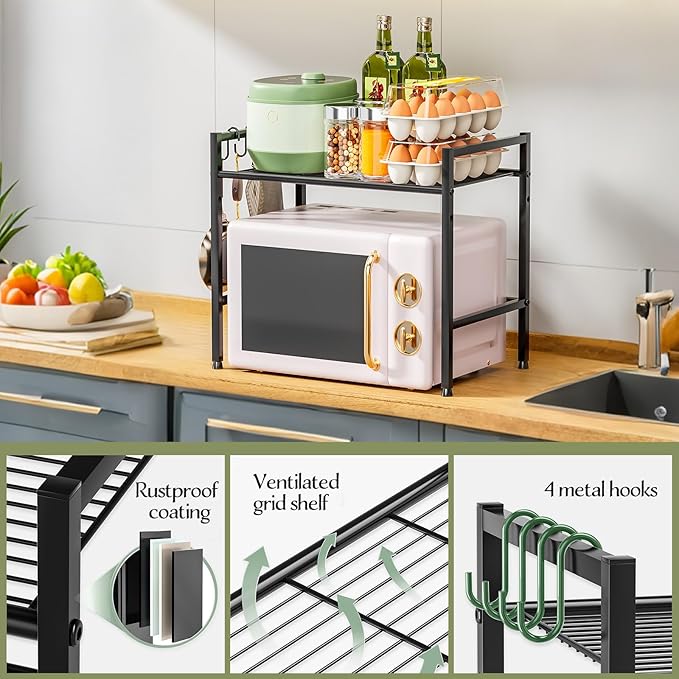 Microwave Stand Countertop, 2-Tier Adjustable Metal Oven Rack with 4 Hooks, Heavy Duty Carbon Steel Organizer Shelf for Microwave/Oven/Toaster, Kitchen Storage (Black, 2-Tier)