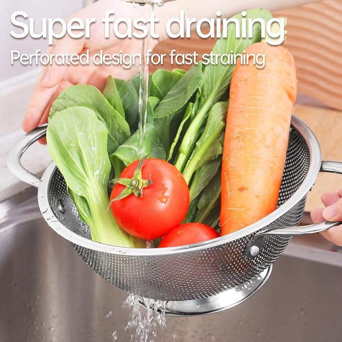 Premium Stainless Steel Colander for Kitchen, Food Strainer Basket with Handle and Solid Ring Base for Fruits Vegetables Rice and Pasta, Dishwasher Safe (3QT)