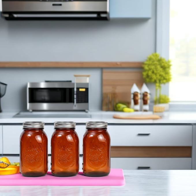 6 Pack 32 oz Amber Mason Jars, Regular Mouth Mason Jars with Lids and Bands and 6 Black Plastic Mason Jar Lids