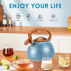 GGC Tea Kettle for Stove Top, Loud Whistling Kettle for Boiling Water Coffee or Milk, 3.1 Quart 3L Heavy Stainless Steel Blue Kettle with Wood Pattern Handle, Unique Button Control Kettle Outlet