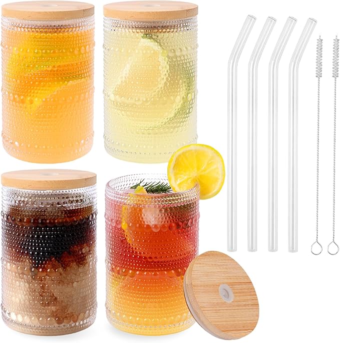Vintage Hobnail Drinking Glasses Set of 4, 16 oz Highball Glasses Cup Set, Kitchen Water Glasses Cup, Bar Mixed Drinkware Set for Beer, Juice, Cocktail, Whiskey, Milk