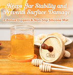 12 oz Honey Jar Set with Airtight Wooden Lid, 2 Extra Dippers, Silicone Mat & Custom Gift Box | Glass Container Honey Pot for Honey & Syrup | Durable & Stylish Kitchenware