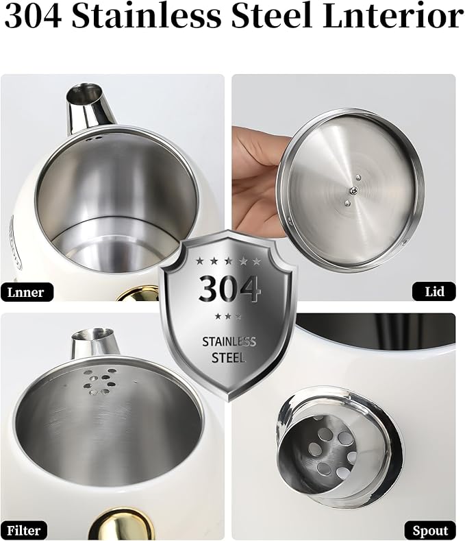 Retro Electric Kettle 1.8L/60.8oz with Thermometer - 1200W Fast Boiling Stainless Steel Tea Kettle with Water Level, BPA-Free, Auto Shut-Off, Boil-Dry Protection, Pearl White
