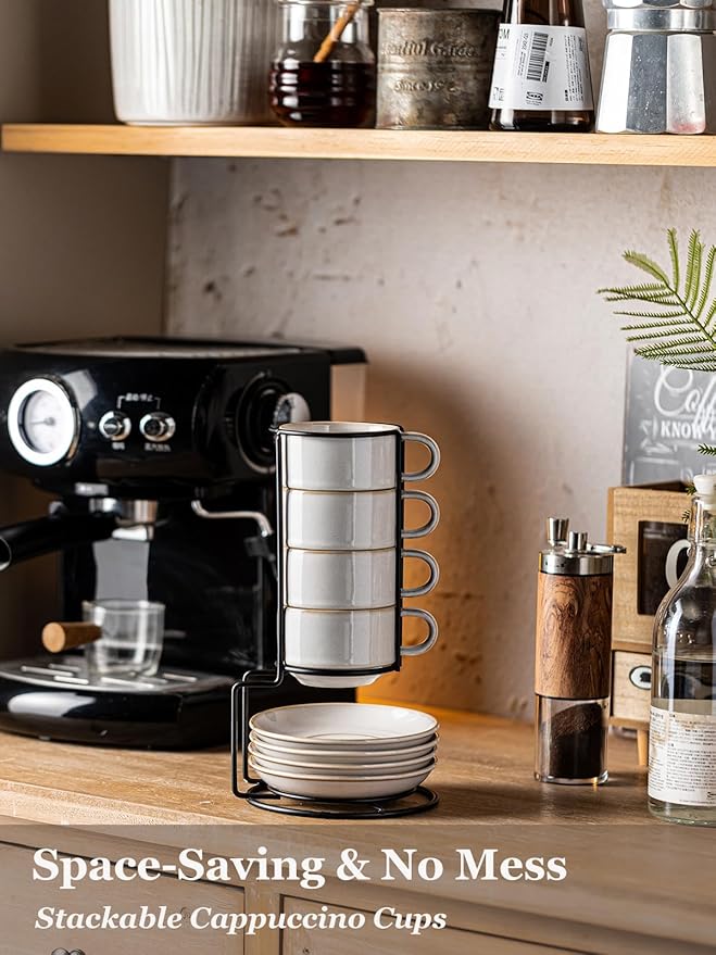 Gomakren 6 Ounce Cappuccino Cups with Saucers and Metal Stand, Stackable Coffee Cup Set of 4, Halloween Porcelain Espresso Cups for Coffee Drinks, Cappuccino, Latte, Americano, Tea, White