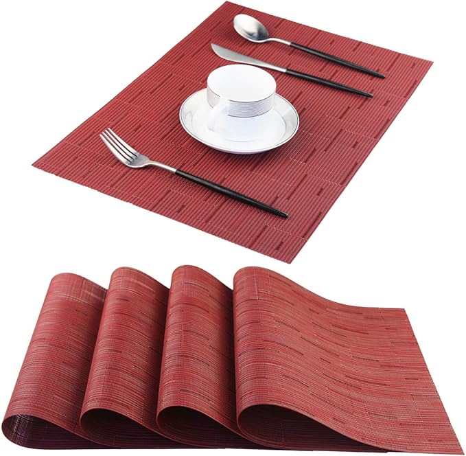 PIGCHCY Placemats,Washable Durable Vinyl Woven Table Mats,Elegant Heat Resistant Placemats for Dining Table Set of 4 (18 x 12 inches,Burgundy Red)
