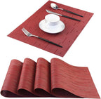 PIGCHCY Placemats,Washable Durable Vinyl Woven Table Mats,Elegant Heat Resistant Placemats for Dining Table Set of 4 (18 x 12 inches,Burgundy Red)