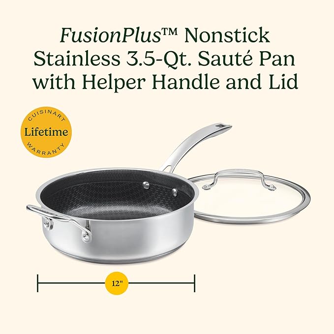Cuisinart FusionPlus Nonstick Stainless Steel Cookware, 3.5-Quart Sauté Pan with Cover and Helper, PFAS-Free PURELYSEAR Ceramic Non Stick Technology, Scratch Proof, Cool Grip Handles, Dishwasher Safe
