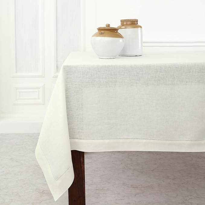 Solino Home Ivory Linen Tablecloth 54 x 72 Inch - 100% Pure Linen Hemstitch Table Cloth for Rectangle Tables - Classic Hemstitch, Machine Washable Tablecloth for Summer, Fall, Autumn