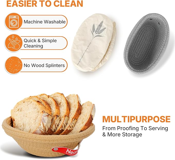 Banneton Bread Proofing Basket Set - Oval & Round Sourdough Proofing Baskets - Sourdough Proofing Bowls Bread Baking Supplies With Liner & Cloth Cover - Cotton Rope Banneton Basket for Baking