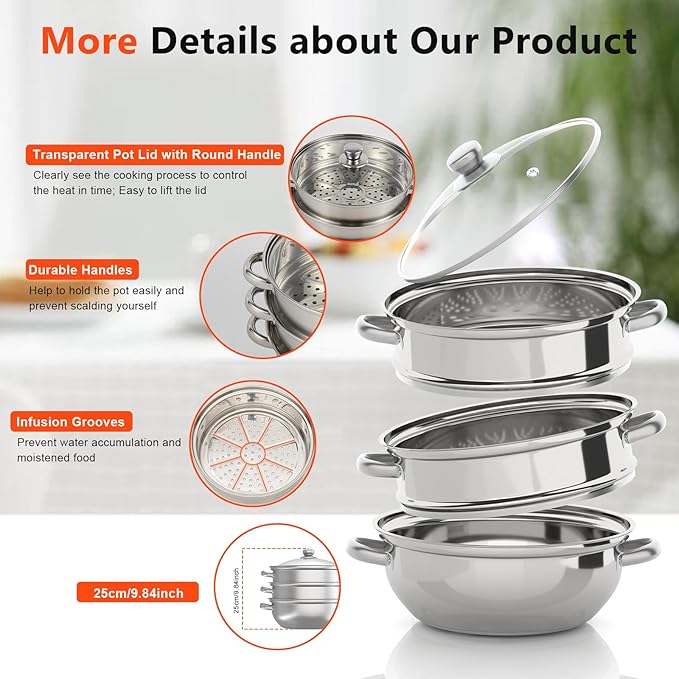 3-Tier Stainless Steel Steamer Pot with Explosion-Proof Glass Lid, 11'' Food Steamer Cooker, Stackable Pan Insert for Induction/Gas/Electric Stoves, 3 Separate Steam Cookware Pot Saucepan
