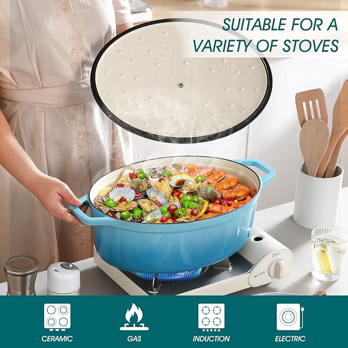 vancasso Enameled Cast Iron Dutch Oven, 9.3 Quart Dutch Oven Pot with Lid, Oval Dutch Oven Cast Iron Pot with Non Stick Coating for Bread Baking, Light Blue