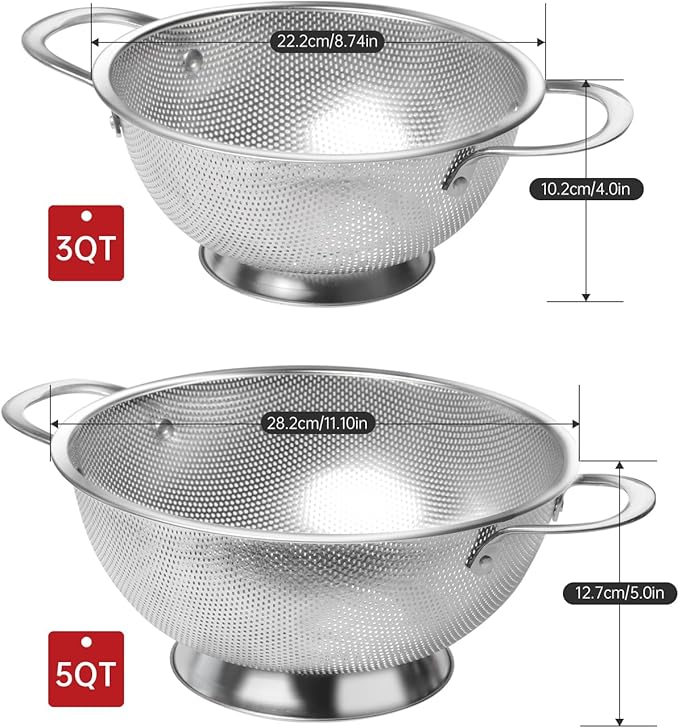 Premium Stainless Steel Colander for Kitchen, Food Strainer Basket with Handle and Solid Ring Base for Fruits Vegetables Rice and Pasta, Dishwasher Safe (3QT)
