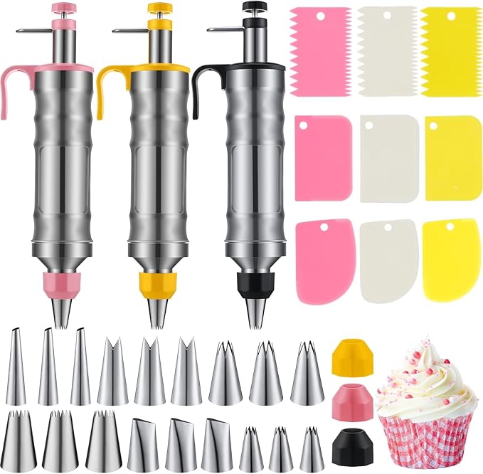 3 Sets Dessert Decorating Syringe Set, Cupcake Frosting Filling Injector with 6 Icing Nozzles 1 Nozzle Connector 3 Cream Scrapers Icing Tool, Cake Decorating Kit, Main Stainless Steel Design