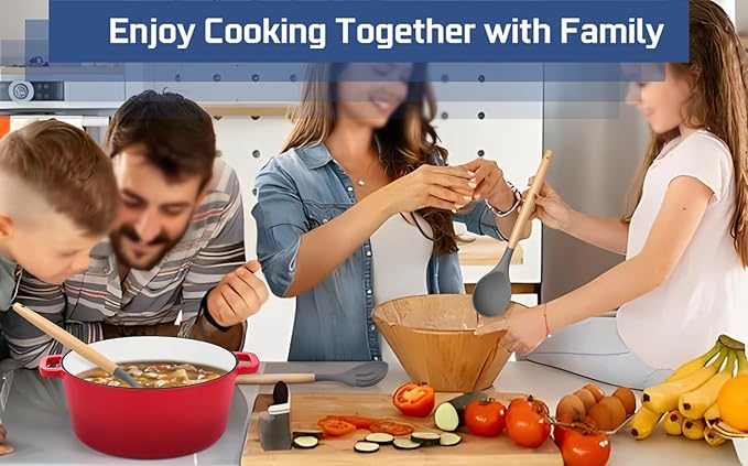 TeamFar Kitchen Utensils Set of 6, Silicone Cooking Utensils with Wooden Handles, Non-stick Cookware Tools for Cooking/Serving/Turning/Mixing, Healthy & Heat-Proof, Dark Gray