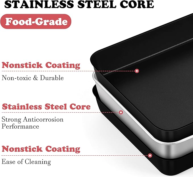 E-far Small Toaster Oven Baking Pan, 9.4 x 7 Inch Nonstick Stainless Steel Rectangle Cake Pan for Baking Brownies Casseroles Lasagna, Stainless Steel Core & Nonstick Coating, Non-toxic & Oven Safe