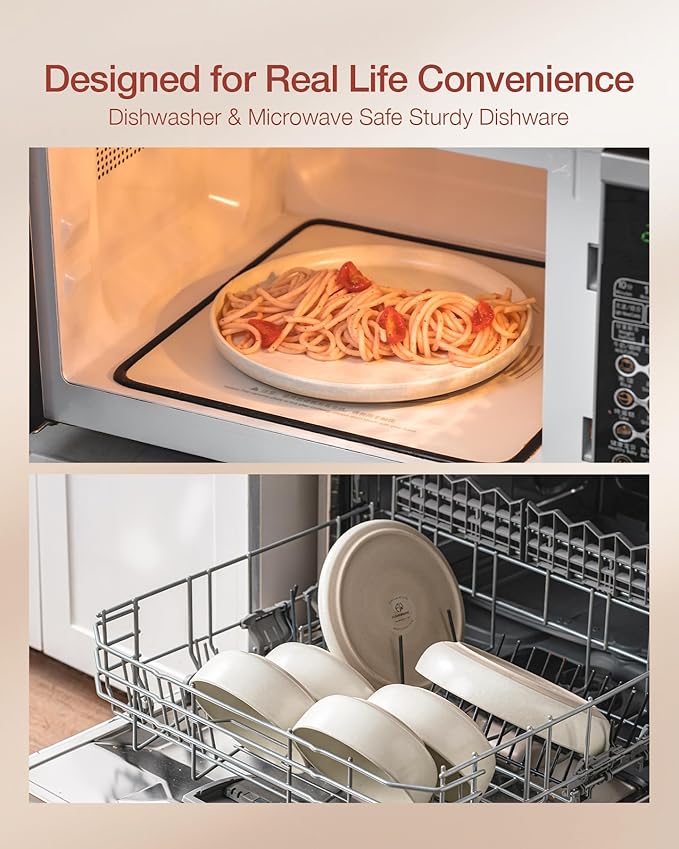 Famiware Milkyway Plates and Bowls Sets, 24 Pieces Dinnerware Sets, Reactive Glaze Dish Set, Stoneware Dishes Set for 8, Matte Beige White