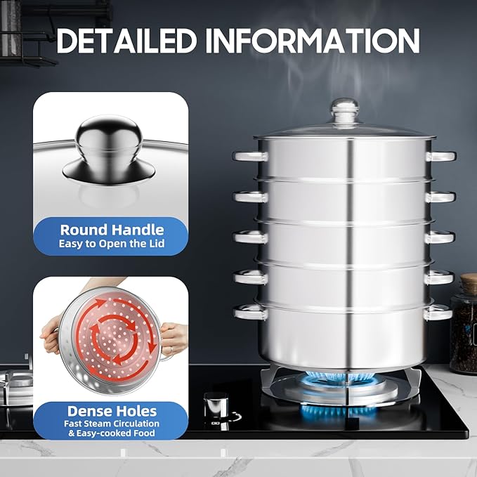 5-Tier Stainless Steel Steamer Meat Vegetable Cooking Kitchen Steamer Cooker Multi-Layer Food Cookware with Handle for Gas Electric Stove Dumpling Stock Sauce (28cm)