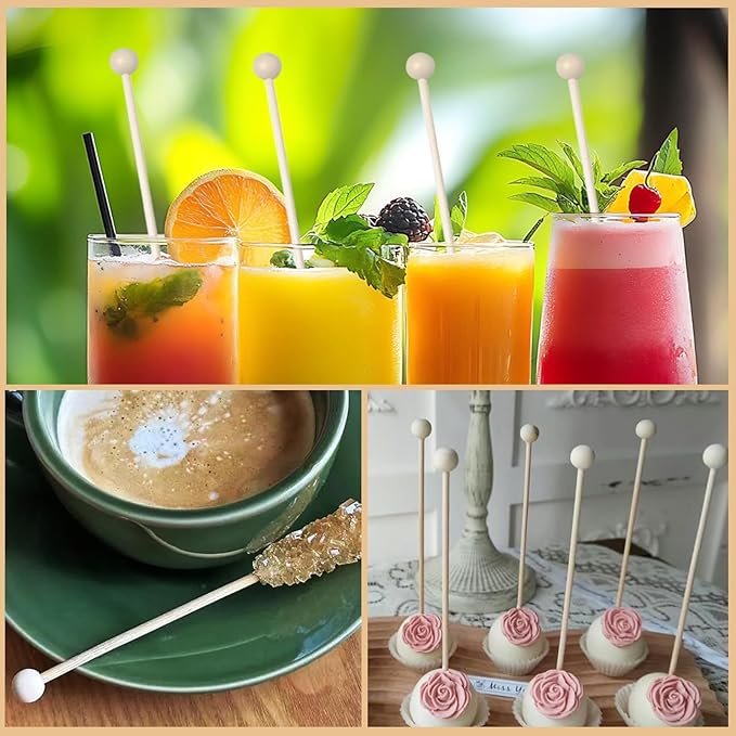 100 Pieces 6Inch Rock Candy Sticks with Ball Wooden Sticks Wood Cake Sticks Drink Stirrer Sticks for Lollipop Coffee Appetizer Skewers (Round)