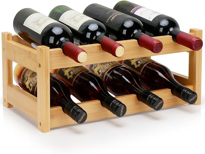 Bamboo Wine Rack, 2-Tier 8 Bottles Wine Storage Cabinet Shelf, Easy-Assembly Freestanding Bamboo Wine Racks Countertop for Kitchen Pantry Dining Room Bar, Natural