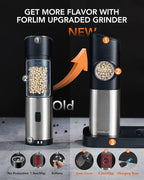 FORLIM Gravity Electric Salt and Pepper Grinder Set, Upgraded Large Capacity, USB Rechargeable Automatic One Hand Operated, Adjustable Coarseness, Auto Dust Lid, LED Light(Stain Steel Black)