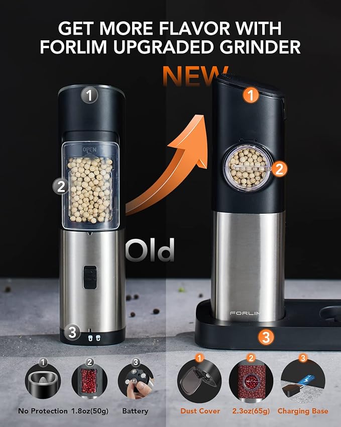 FORLIM Gravity Electric Salt and Pepper Grinder Set, Upgraded Large Capacity, USB Rechargeable Automatic One Hand Operated, Adjustable Coarseness, Auto Dust Lid, LED Light(Stain Steel Black)