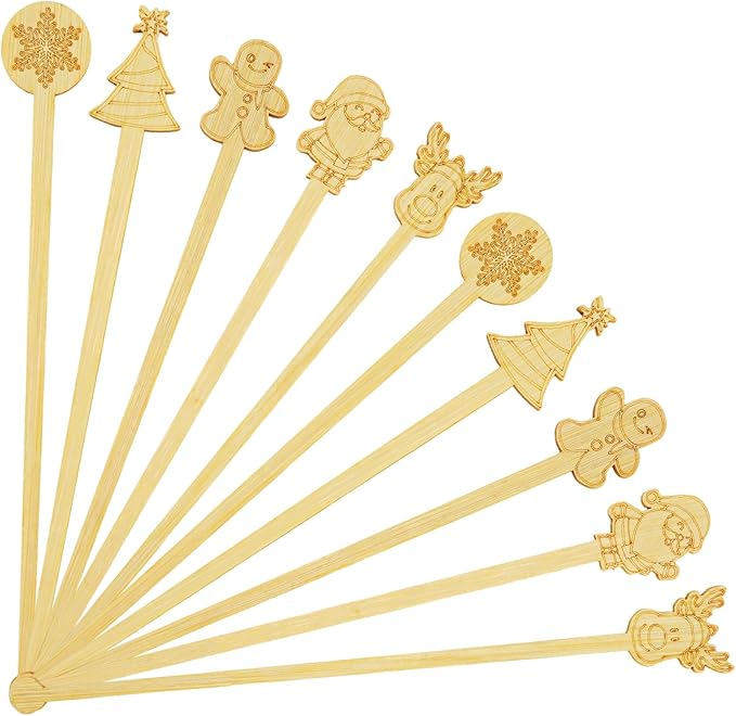 50PCS Bamboo Coffee Stirrers, 7inch Christmas Biodegradable Disposable Coffee Drink Cocktail Stirrers for Coffee Milk Christmas New Year Office Hot Chocolate Bar Supplies