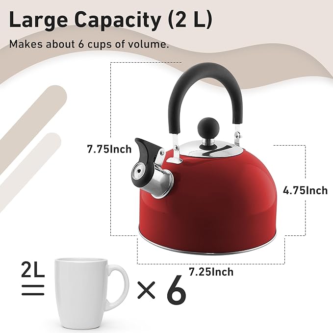 Lily's Home 2 Quart Stainless Steel Whistling Tea Kettle, the Perfect Stovetop Tea and Water Boilers for Your Home, Dorm, Condo or Apartment. Red