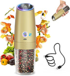 CIRCLE JOY 2-Speed Gravity Electric Pepper Grinder, Rechargeable Salt Grinder Pepper Mills, Adjustable Coarseness, White LED Light, 135ML Large Capacity, Gold